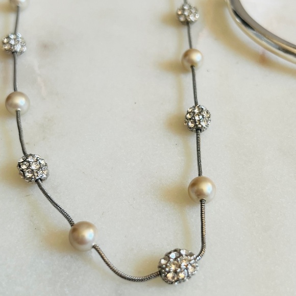 Bundle of Silver, Pearl, & Rhinestones Necklace w/Silver & Rhinestones Bracelet - Picture 4 of 4